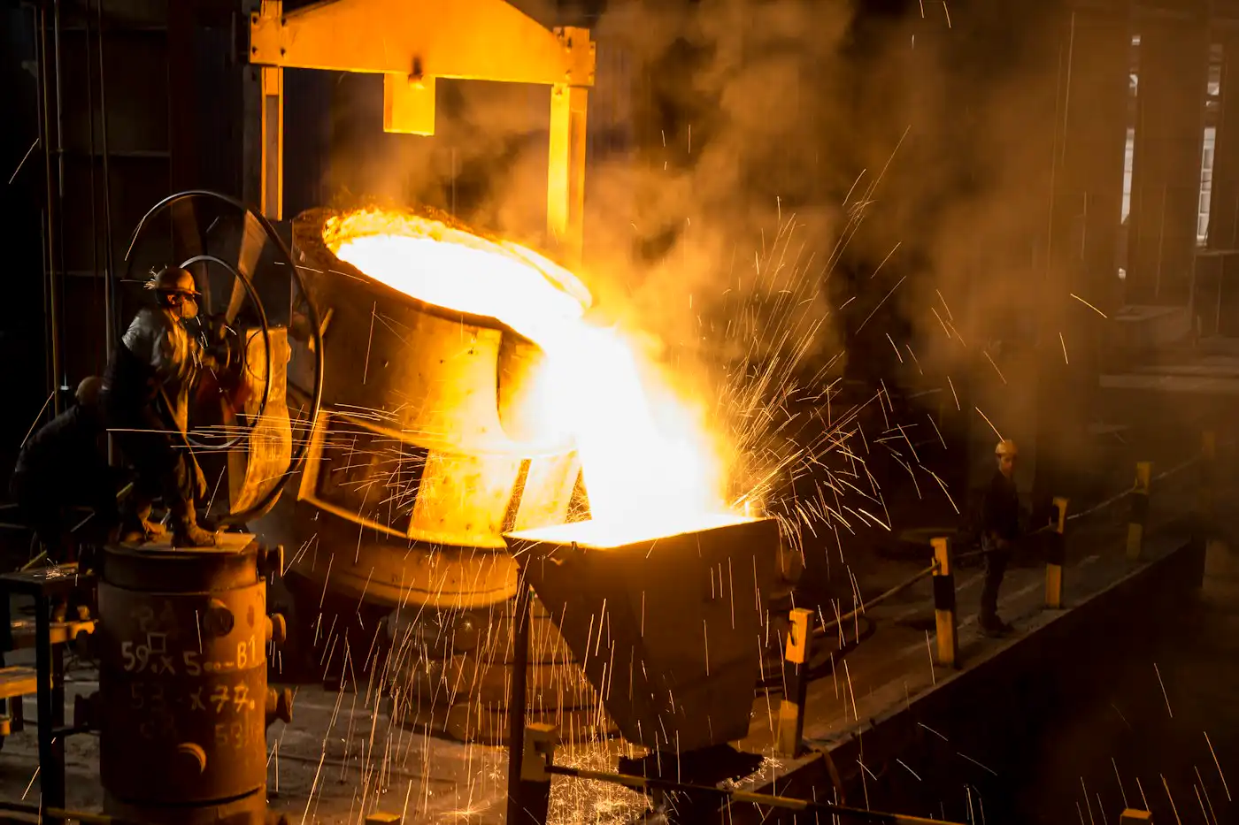 Molten steel being poured at a foundry